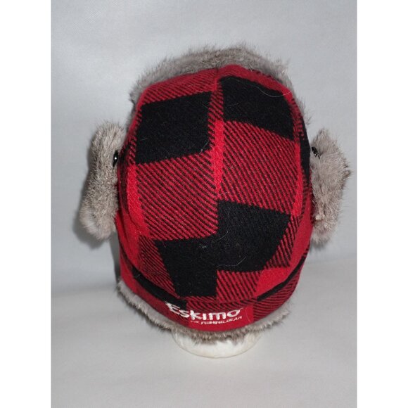 Eskimo Ice Fishing Gear‎ Red Black Buffalo Plaid Fur Flap Hat Alaskan Hunting L - Picture 7 of 11